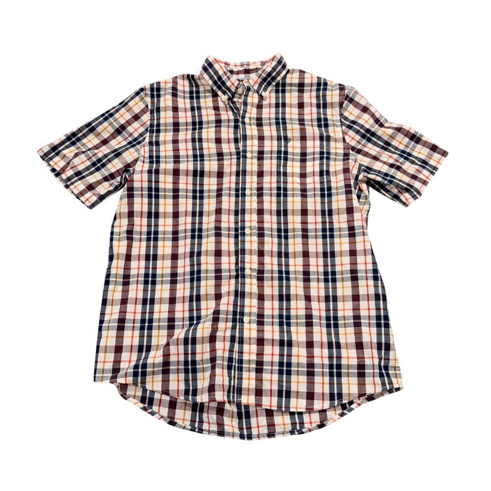 Chaps Mens Easy Care Plaid Button Down Shirt Navy Orange White Large L/G